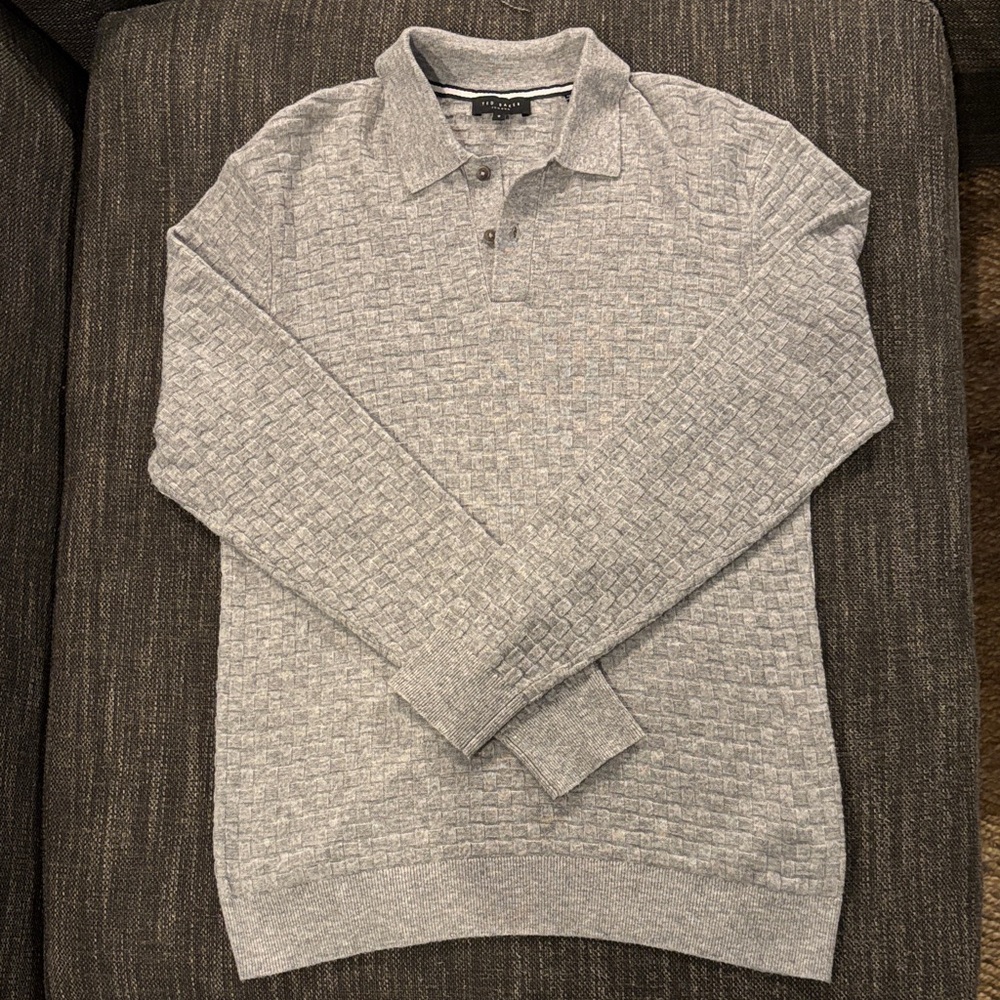 Ted Baker Textured Long Sleeve Gray Polo